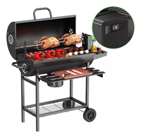 Barbecue Fût à Charbon en Acier Robuste Haut de Gamme avec Kit Rôtisserie, Chariot et Tables Latérales Pliantes pour Jardin