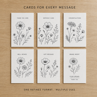 Cartes de vœux simples noires à motif floral botanique, impression personnalisée, dessin de fleurs sauvages, pour cadeau, insert de colis professionnel, carte de remerciement