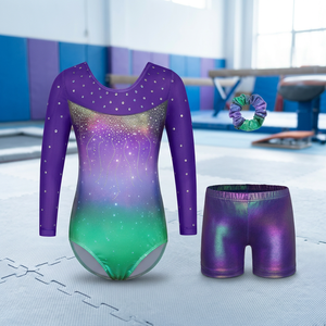 Girls Gradient Rhinestone Long Sleeve <b>Leotard</b> <b>with</b> <b>Shorts</b> Set Elegant <b>Gymnastics</b> Wear for Dance and Performance - Product Image 3