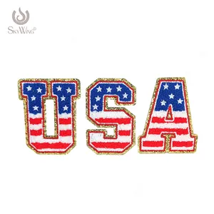 Parche bordado personalizado de la bandera americana, bordado de letras creativas, parches de lentejuelas de chenilla de hierro para ropa
