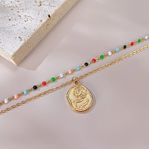 Moda mujer diario elegante 18K oro PVD plateado multicolor esmalte cuenta cadena flor relieve moneda colgante collar en capas - Product Image 4