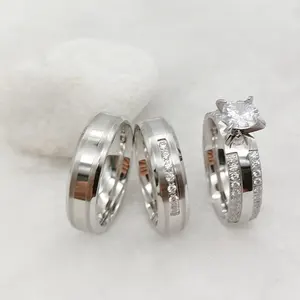 Usa Stijl 3Pcs Koppels Verlovingsringen Sets Voor Mannen En Vrouwen Zilver Roestvrij Staal Statement Sieraden