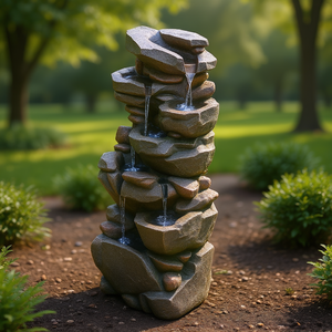 Fontaine d'eau extérieure à 7 niveaux, 38,98 pouces, en forme de roche, cascade, décoration de jardin, style rustique - Product Image 2