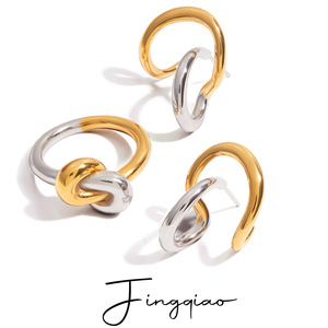 Yueli Huggie Earrings Gold <b>Silver</b> Color Block Geometric Design Stainless Steel Fashion <b>Studs</b> - Product Image 1