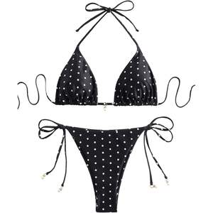 Conjunto de Bikini Personalizado para Mujer con Estampado de Lunares, Top Triangular con Tirantes Laterales y Tela Elástica - Product Image 1