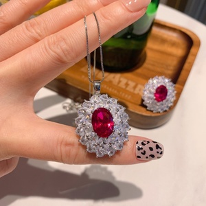 Wholesale Fashion Jewelry Eco-friendly Copper 10*14mm Red Glass Cubic Zirconia Elegant Pendant <b>Earrings</b> Set of Ladies Jewelry - Product Image 5