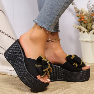Factory Wholesale Thick Bottom Round Head Word Fashion New Summer Solid Color Bow Large Size Women's Wedge Slippers - Product Image 4