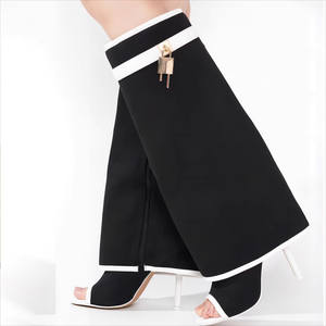 Kadın diz-yüksek Fishnet çizme sivri burun yaz Peep Toe sandalet yüksek topuklu Stiletto Metal köpekbalığı kilit örgü tasarımı - Product Image 2