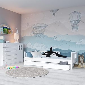Cama infantil de alta calidad, barrera protectora extraíble blanca con 2 cajones, soporta hasta 150Kg, base de cama con listones sobre ruedas - Product Image 3