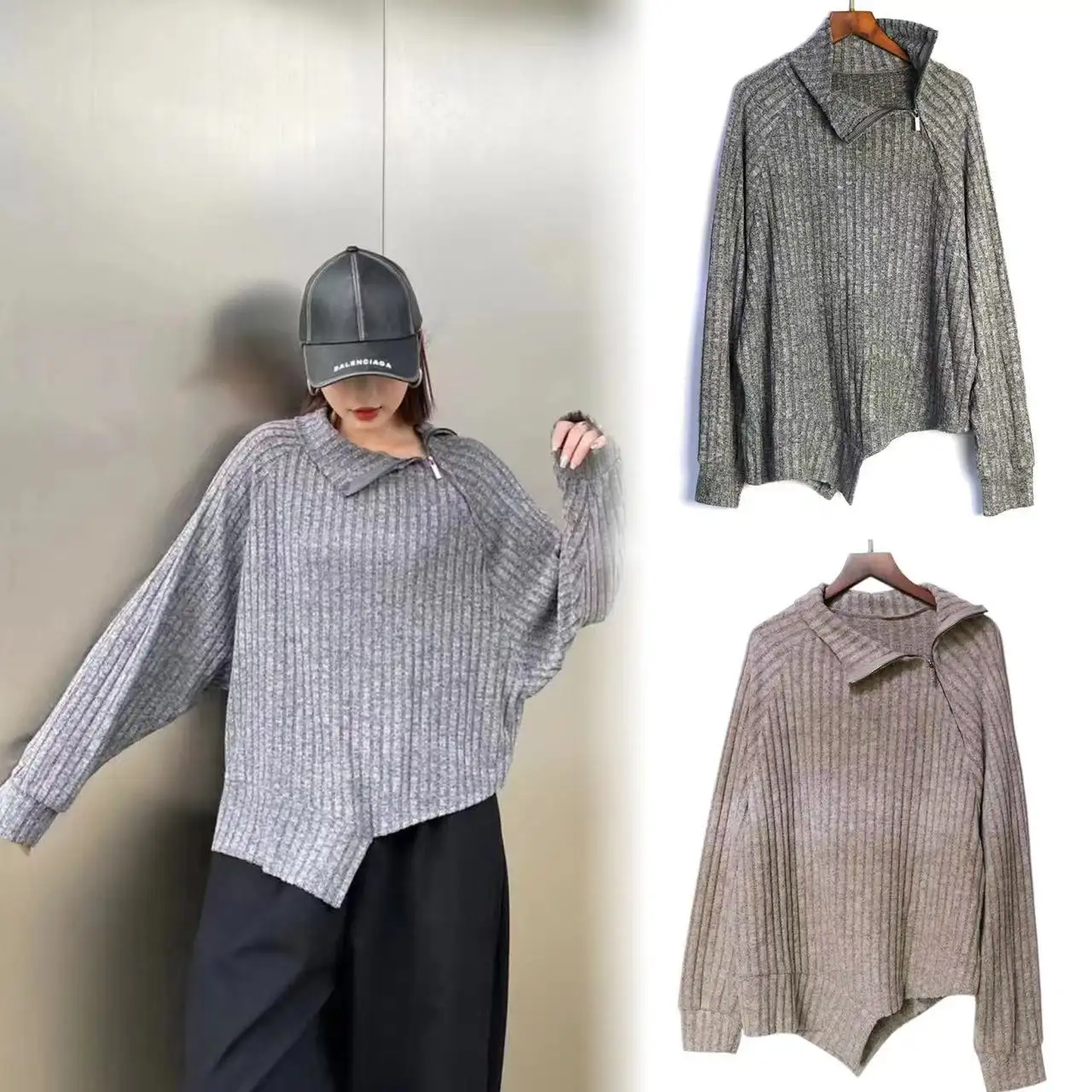 Suéter de mohair de moda de otoño con cuello asimétrico para mujer, tops holgados informales elegantes de manga larga para mujer