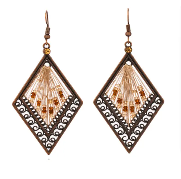 Fashion wholesale charm vintage tassel handmade boho pendent geometric earrings jewelry with beads