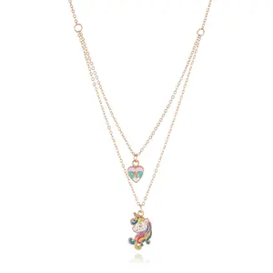 Kinds Necklace Jewelry Metal Enamel Unicorn Charms Kids Double-layer Necklace Girls Jewelry Set
