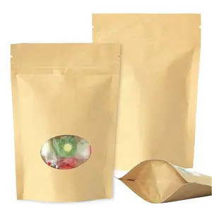 In Stock Kraft Paper Ziplock Bag Stand Up Pouch With Clear Oval Window 13 X 18 Cm