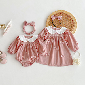 Nouvelle collection Automne-Printemps 2026 : Vêtements pour bébés filles, Barboteuse en coton à nœud et Robe de princesse à manches longues, Tenues assorties pour sœurs - Product Image 4