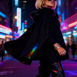 Модное женское шерстяное пальто оверсайз на осень/зиму с капюшоном, карманами на молнии и меховым воротником - Product Image 3