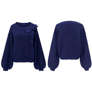 Maglione da donna blu navy in <span class=keywords><strong>maglia</strong></span> waffle, con <span class=keywords><strong>spalle</strong></span> <span class=keywords><strong>scoperte</strong></span>, fiocco decorativo, scollo a O, pullover a costine, classico, stile preppy, corto, lavorato a <span class=keywords><strong>maglia</strong></span> - Product Image 4