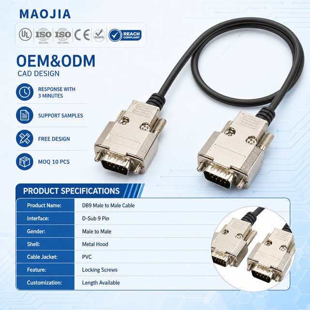 DB9 Male to Male Cable D Sub 9 Pin RS232 Serial Extension Cable Metal Hood for PLC CNC Industrial Equipment OEM ODM