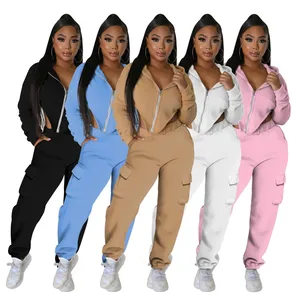 Fall/Winter Women Clothes Fashion Irregularity Solid Color Zipper Hoodie and Pants 2 Piece Set MG108