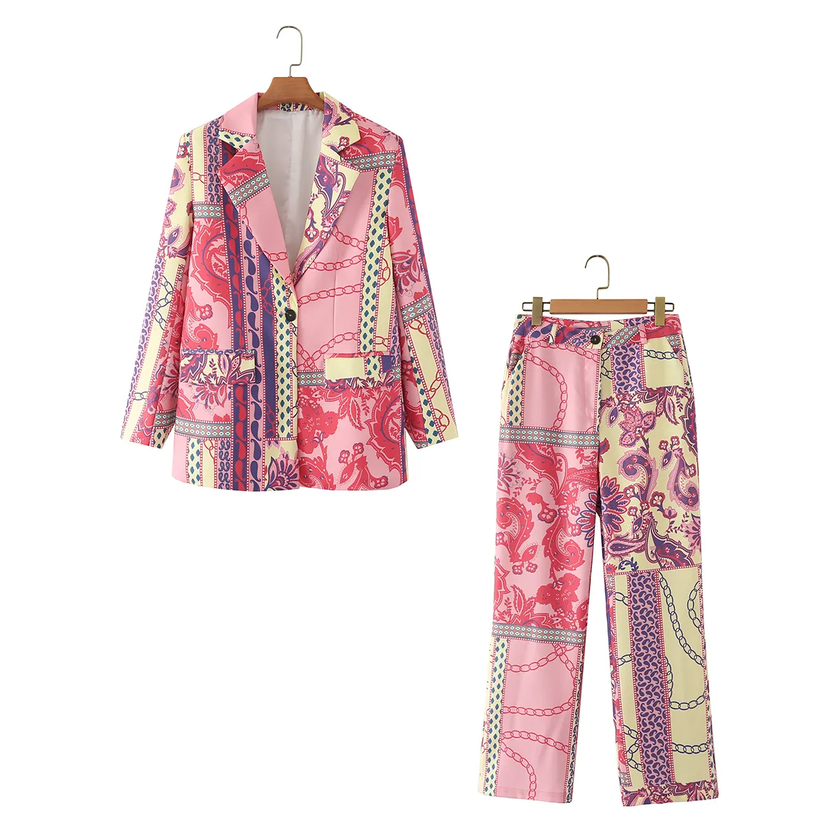 Conjunto de blazer estampado floral feminino, cor rosa, casual, casaco de outono