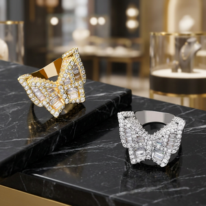 Butterfly Shape Cocktail <b>Ring</b> With Baguette Cut <b>Crystal</b> Rhinestone Pave Setting 925 Silver Gold Plated Unisex Luxury Jewelry - Product Image 1