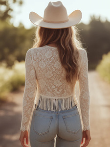 Top Corto Sexy da Donna con Scollo a V Profondo, Pizzo e Frange, Maniche Lunghe, Trasparente, Stile Boho Western per Festival e Casual - Product Image 2