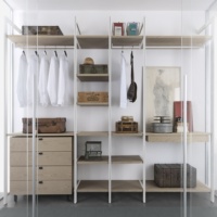 Armoire ouverte minimaliste moderne, structure en métal blanc, étagères en bois, tiroirs, placard