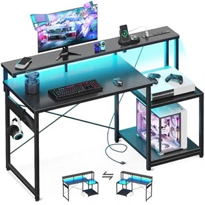 Escritorio de Computadora Moderno de Metal Ajustable con Lámpara LED, Tomacorriente, Estantes de Almacenamiento y Exhibición, Ranura para Auriculares - Product Image 2