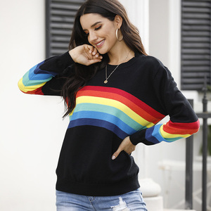 Custom Ladies Knitted Sweaters Long Sleeve <strong>Rainbow</strong> <strong>Tops</strong> Winter Stripe Patchwork Pullover Sweater for Women - Product Image 5