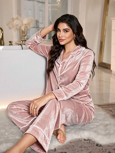 Conjunto de Dos Piezas de Pijamas de <span class=keywords><strong>Invierno</strong></span> para Mujer, Tela de Terciopelo Brillante, Cuello en V, Color Sólido, de Lujo, al por Mayor - Product Image 4