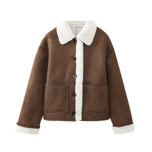 Chaqueta Casual de Invierno para Mujer con Cierre de Botón, Mangas Largas y Cuello Vuelto, Tejido Marrón y Forro de Poliéster - Product Image 4