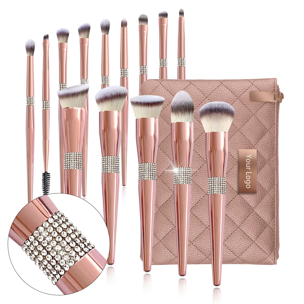 Pinceaux de maquillage avec LOGO personnalisé, brosse pour application de make-up, en or rose, 12 pièces