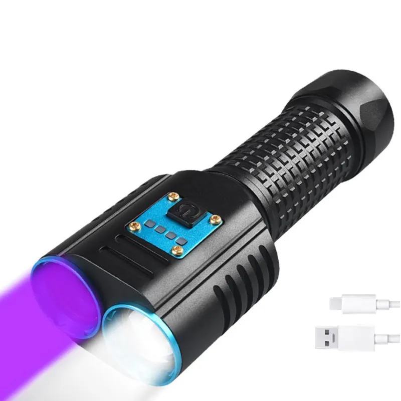 365nm черный свет и белый свет 2 в 1 светодиодный тактический ультрафиолетовый фонарик типа C USB Аккумуляторный внешний аккумулятор Ультрафиолетовый светодиодный фонарик