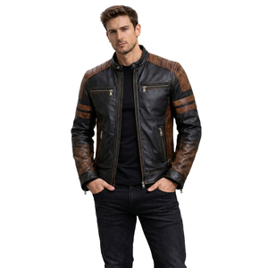Blouson moto homme en cuir véritable, coupe slim, tanné, respirant, noir, marron, fermeture éclair, col montant, coupe classique, couleur unie - Product Image 1