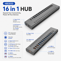 Hub USB 3.0 Alimenté 16-en-1, 10x USB-A 5 Gbps, Charge Rapide QC3.0, 2x USB-C avec Interrupteurs Individuels, Aluminium, Garantie 12 Mois, En Stock