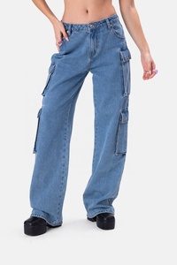 <span class=keywords><strong>Jean</strong></span> Denim Long Droit Pleine Longueur Cargo Jeans Pantalon Nouveau Design Taille Haute Jambe Large Lâche pour les Femmes Avec Poches Léger Solide - Product Image 2