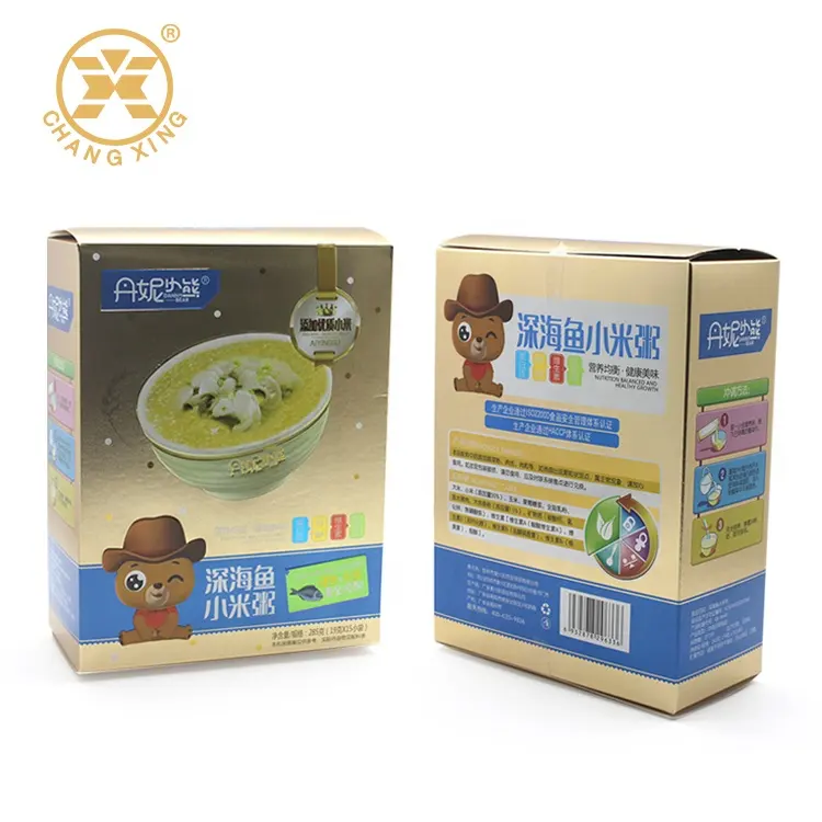 Design personalizzato con Design biodegradabile riso per bambini fiocchi di mais scatola per imballaggio di grano snack scatola di cartone