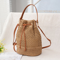Sac à dos pliable marron pour enfant, sac à main en paille au crochet avec cordon de serrage, idéal pour les vacances d'été en extérieur