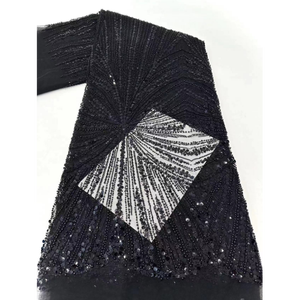 Tessuto in Pizzo <span class=keywords><strong>Nero</strong></span> di Lusso YZ con Paillettes Ricamate, Tessuto in Rete Glitterato, Pizzo Africano Ricamato con Perline per Abiti - Product Image 1