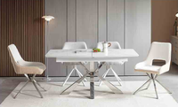 Table à manger rectangulaire moderne et contemporaine avec plateau en verre trempé transparent, extensible, en acier inoxydable, pieds en métal réglables pour la maison