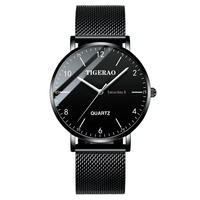 Jam Tangan Pria Minimalis Bulat Hitam Grosir ODM OEM Produksi Kecil Kustom Tali Logam Mesh Jam Tangan Quartz Pria