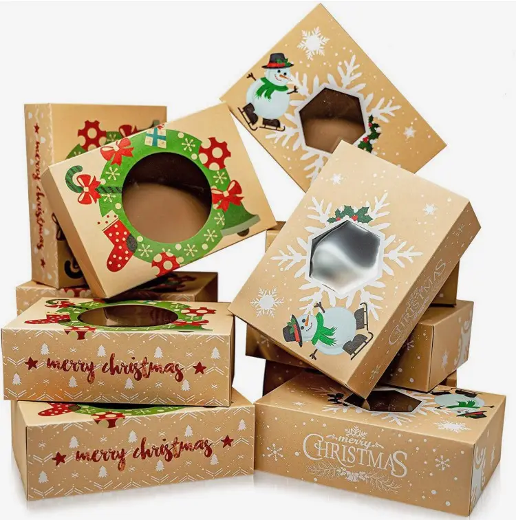 Hoge Kwaliteit Kraftpapier Papier Kerst Geschenkdoos Snoep Koekjes Bakdoos Sneeuw Puff Nougat Vakantie Cake Doos Met Venster