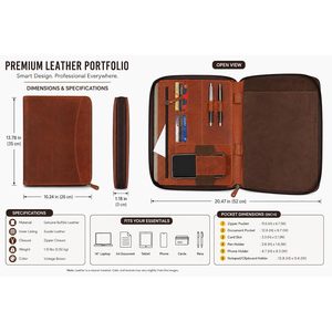 Leather Padfolio Portfolio Organizer with Zipper Professional <b>Document</b> Tablet <b>Holder</b> Rectangle Desk Storage Bag Compression Type - Product Image 2