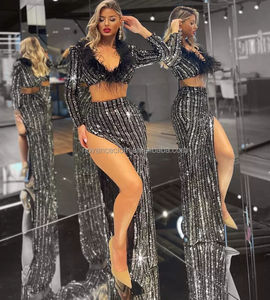 महिलाओं के कपड़े नए आगमन 2 टुकड़े सेट स्लिट शादी की शाम कपड़े 2022 अनुक्रमित पंख उष्णकटिबंधीय वेस्टिडो डी वर्नो - Product Image 1