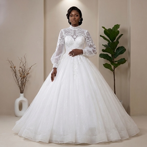 Shiny Tulle Modern Floor-Length Appliques Wedding Dress <b>Sequin</b> Beading Lace Ball Gown Bride Lsbh30 - Product Image 1