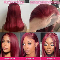 Cabello Humano Liso Brasileño Virgen Rojo 99J para Peluca, Encaje HD 13x4 Pre-Desplumado, Bob Corto para Mujeres Negras