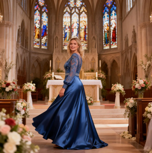 فستان أنيق طويل الأكمام من الساتان المرن لأم العروس مع تطريز دانتيل وخصر مزين بالخرز - Product Image 5