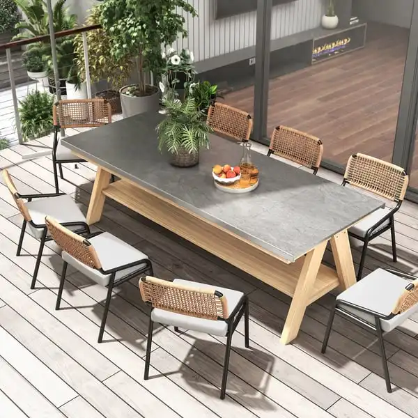 9 pezzi metà secolo moderno Set da pranzo all'aperto tavolo rettangolare sedia in Rattan di alluminio Set da pranzo Patio in Rattan