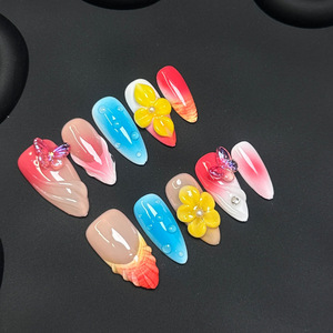 Lunanail – Nouveaux autocollants d'ongles en ABS à motif papillon français 3D sculpté, populaires pour l'été, couverture complète, pré-conçus, faits à la main, à presser sur les doigts - Product Image 1