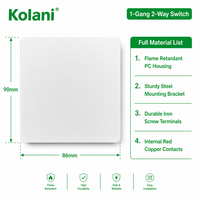 Interruptor de Pared Kolani Estándar Británico 1G2W 90x86mm Blanco Mate de 1 Grupo y 2 Vías, 10AX 250V, Panel Plano de PC