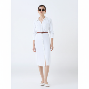 Vestido camisero blanco liso con cinturón - Product Image 1